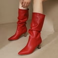 thumbnail image 2 of Rokment Slouchy Stiletto Wide Mid Calf Dress Boots for Women Fashion Casual Denim Leather Pointed Toe Kitten Heel Long Tall Boots Winter Spring Red Size 5.5, 2 of 5