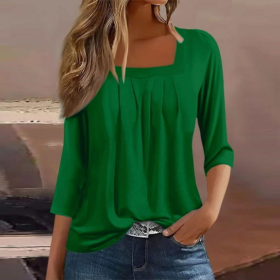 Vintage Solid Color T Shirt, Square Neck 3/4 Sleeve, Casual Pleated Loose Flowing Top, Green M, Size S-XXXL