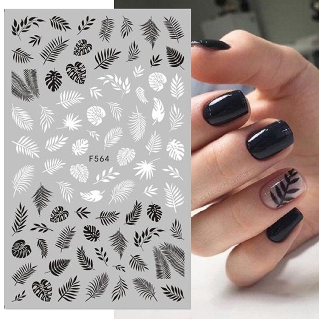 Pegatinas 3D de hoja de arce en blanco y negro, decoración de uñas, corazón geométrico, alfabeto inglés, calcomanías artísticas para uñas, deslizador de uñas