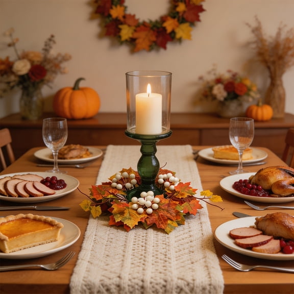 Halloween Candle Wreath Candle Holder Maple Leaf Rose Wreath Table Decor Fall Autumn Decoration Harvest Festival Centerpiece Home Coffee Table Window Party Ornament Decorative Supplies