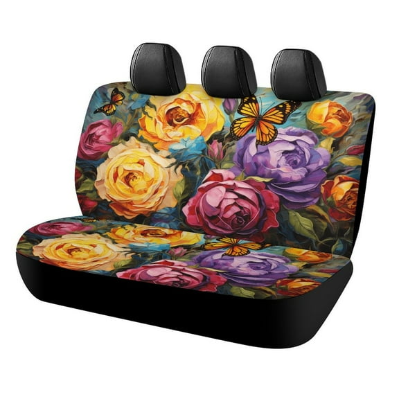Colorful Flowers Rear Seat Covers, Car Backseat Protector, Universal Back Seat Vehicle Interior Protector, Fits Most Cars, SUVs, Sedans, Trucks