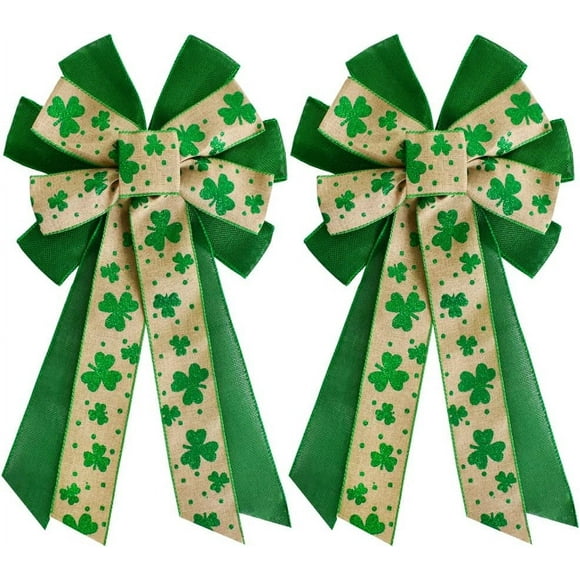 2 Pcs Grands Nœuds Verts de 20 Pouces, Rubans de Cupidité et Blancs Nœuds Trèfle à Bonne Chance pour Décoration de la Saint-Patrick, Décoration de Couronne, Guirlandes de Porte d'Entrée Décoration Extérieure de Fête