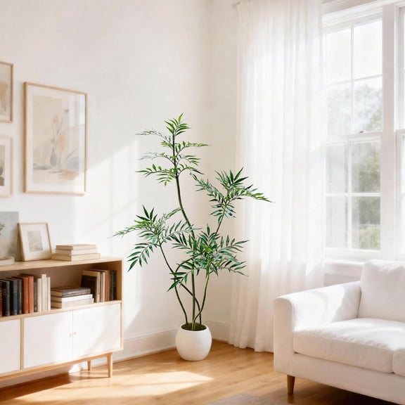 S-Shape Artificial Rubber Tree 5/6/7FT, Real Touch Faux Indoor Plant with White Plan-ter for Home Office Decor