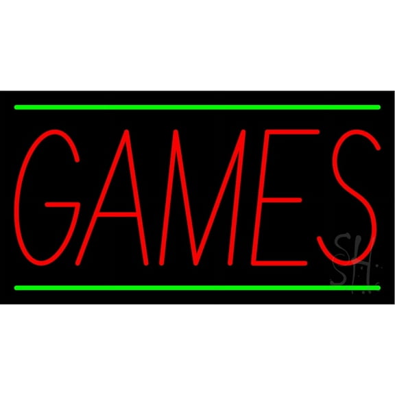 Games with Border LED Neon Sign 13 x 24 - inches, Black Square Cut Acrylic Backing, with Dimmer - Bright and Premium built indoor LED Neon Sign for wall décor, arcarde, and storefront.
