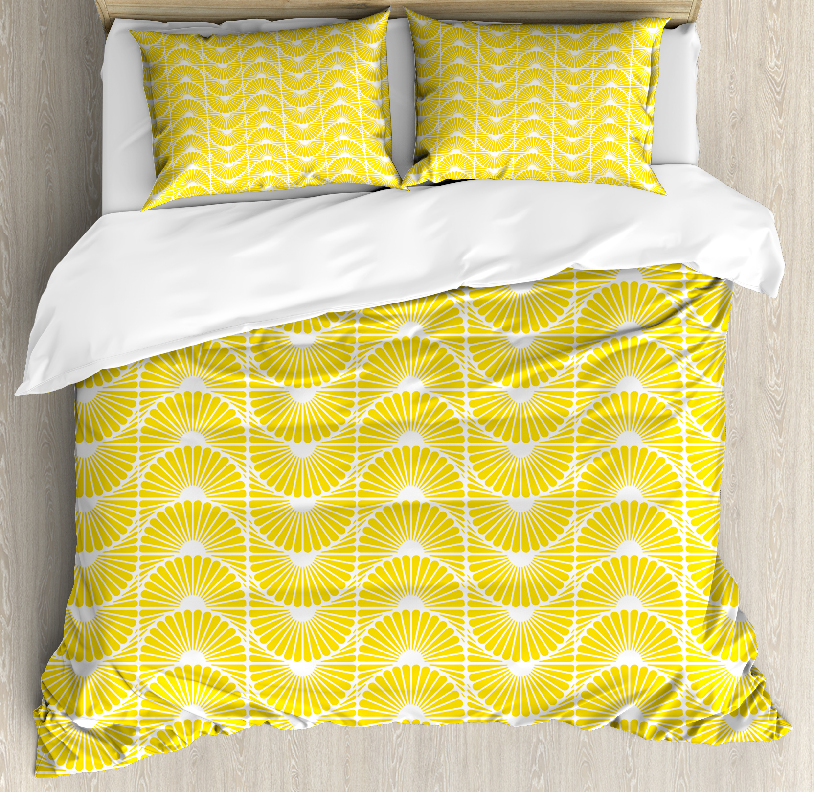 Yellow and White King Size Duvet Cover Set, Sun Inspired Abstract