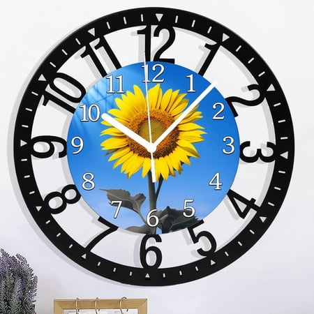 Iron Sunflower Wall Clock 10 Inch Silent Non Ticking Battery Operated Clocks Decorative Yellow Flower Clock for Kitchen Living Room Office Style 10×10inch(25×25cm)