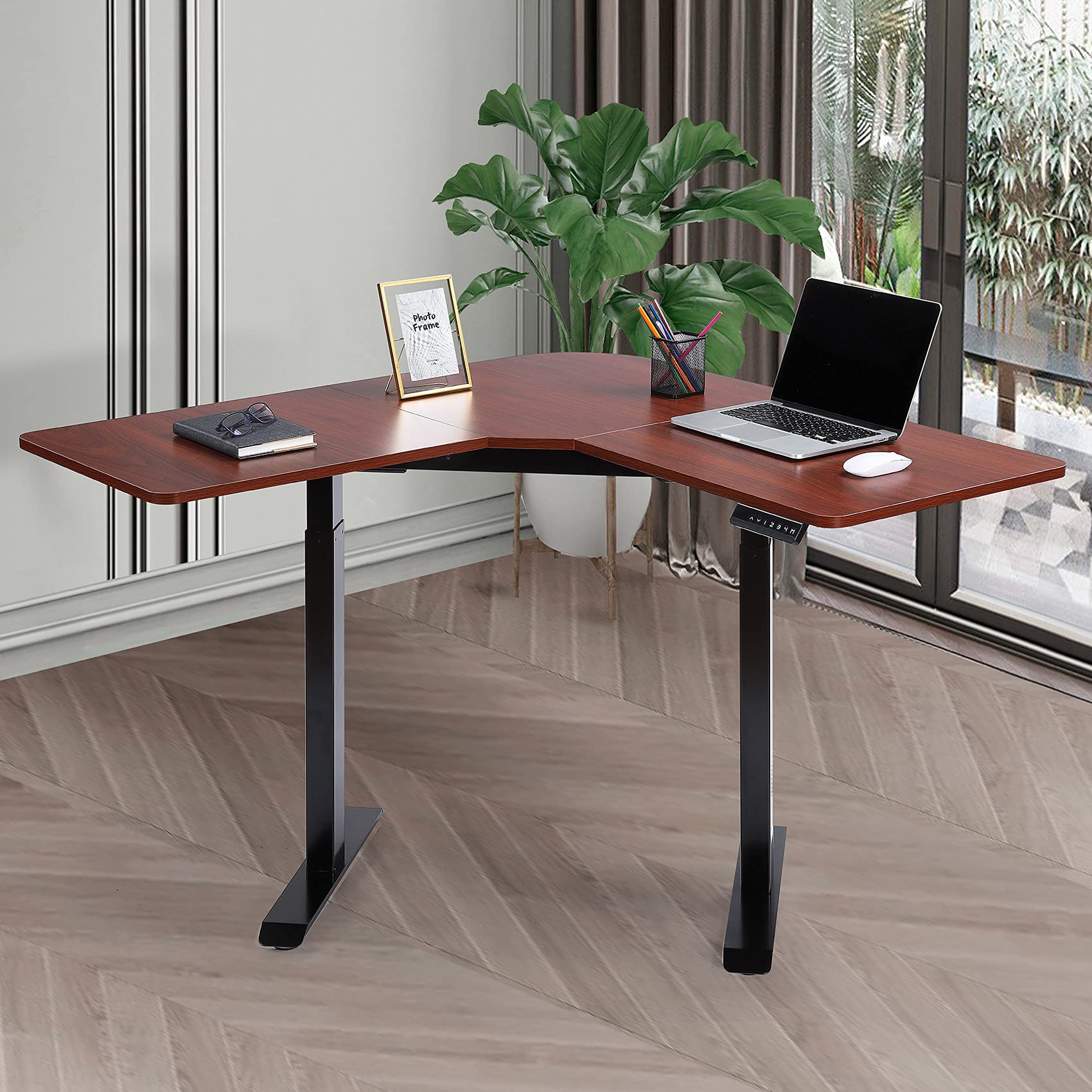 UNICOO® L Shaped Dual Motor Electric Height Adjustable Standing Desk, Computer Corner Desk, Home Gaming Desk, Office Writing Workstation (Black Frame/Mahogany Top) XOT-L-BM