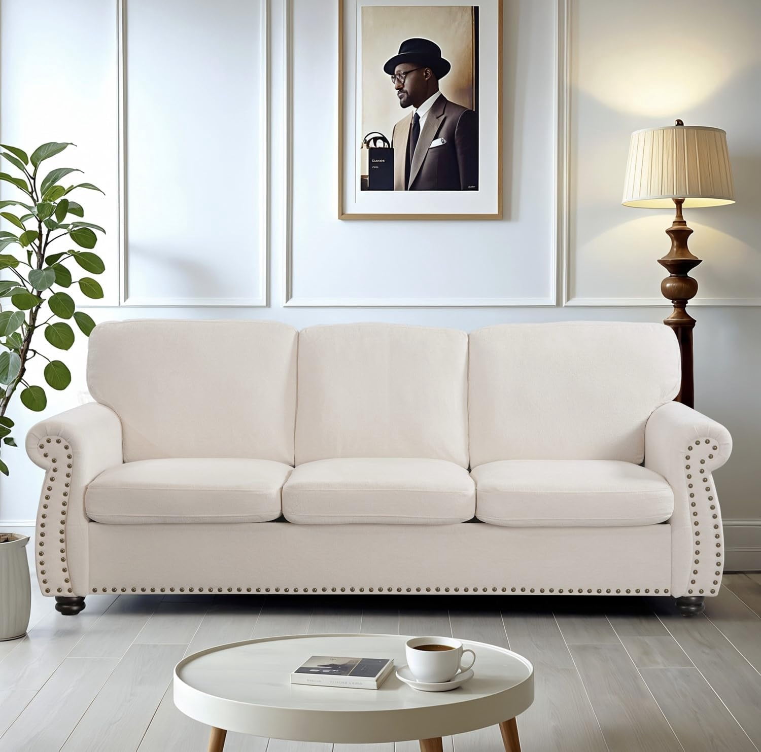 US Pride Furniture 91 in. Wide Rolled Arm Velvet Modern Rectangle Sofa in Ivory For Home