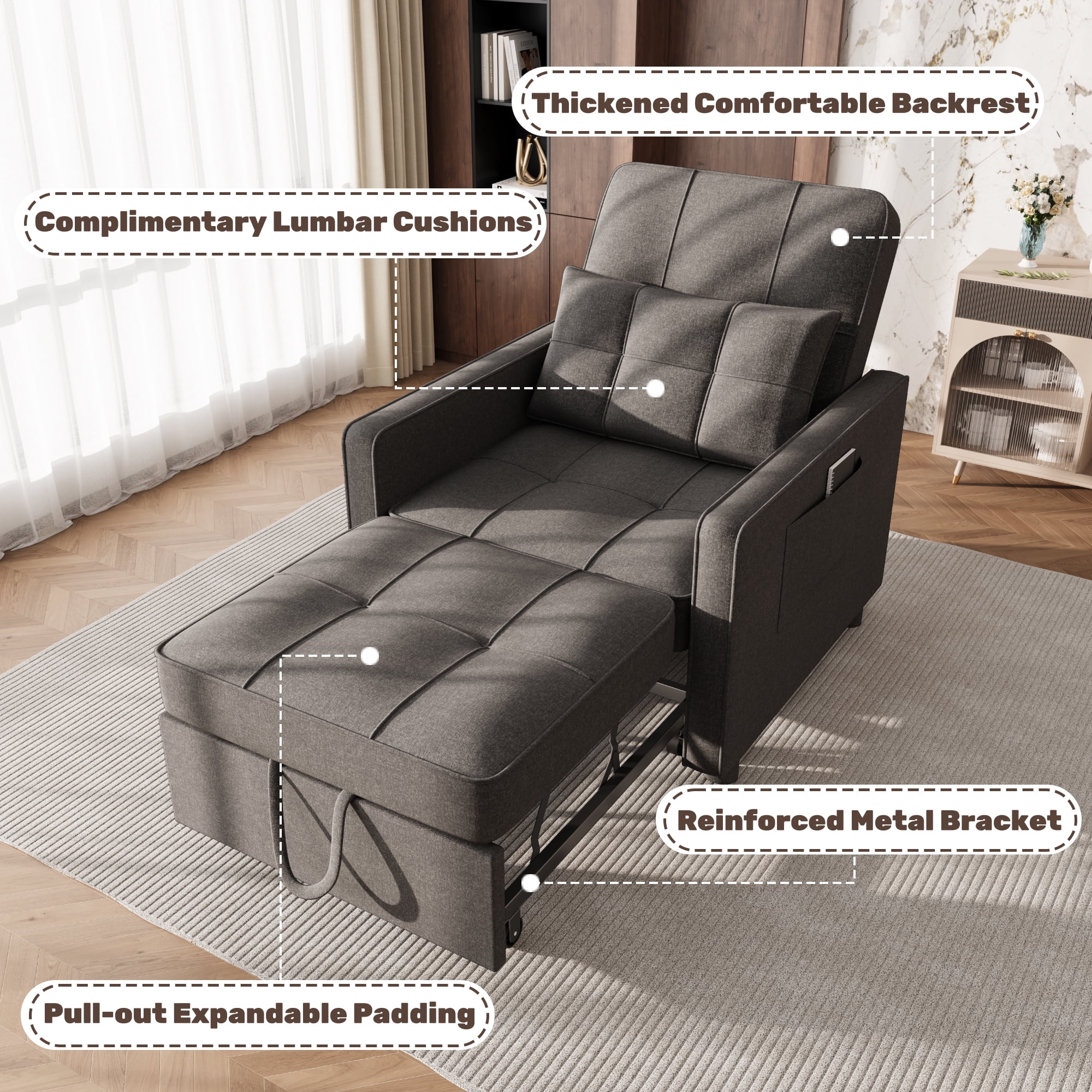 Homall Sleeper Sofa Chair Bed 3 in 1 Convertible Bed Chair Adjustable Sleeper Chair Pullout Sofa Bed,Black