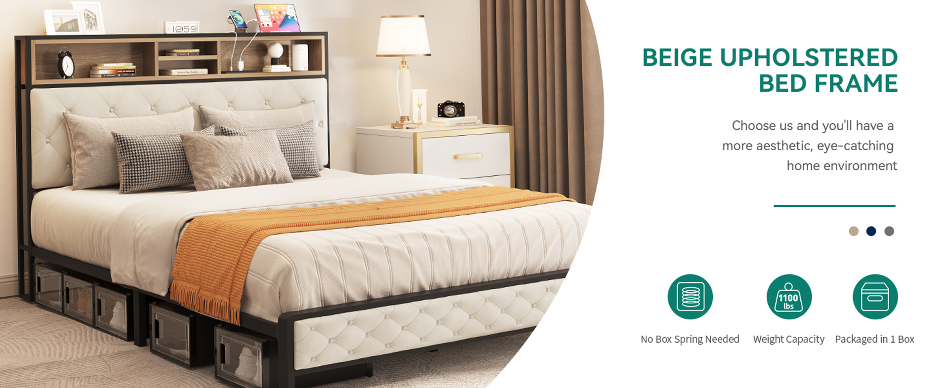 BSHTI Platform Modern Queen Size Platform Bed Frame with Upholstered Headboard and wood slats support for Livingroom