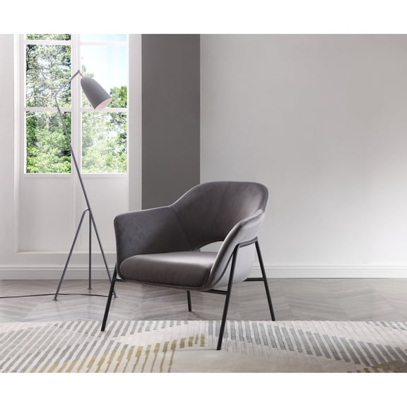 Whiteline Modern Living Karla Leisure Armchair, Grey velvet fabric, Sanded Black coated steel frame