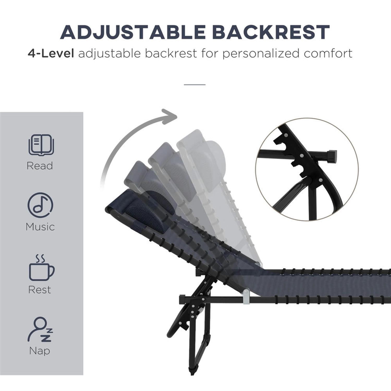 Demi Bonn Outdoor Folding Chaise Lounge Chairs Set of 2 with 4-Position Reclining Pillow-Back, Breathable Mesh Seat, Bungee for Pool, Beach, Patio, Navy