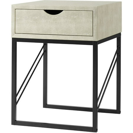 Modern Glam 1-Drawer Faux Shagreen End Table in Off White