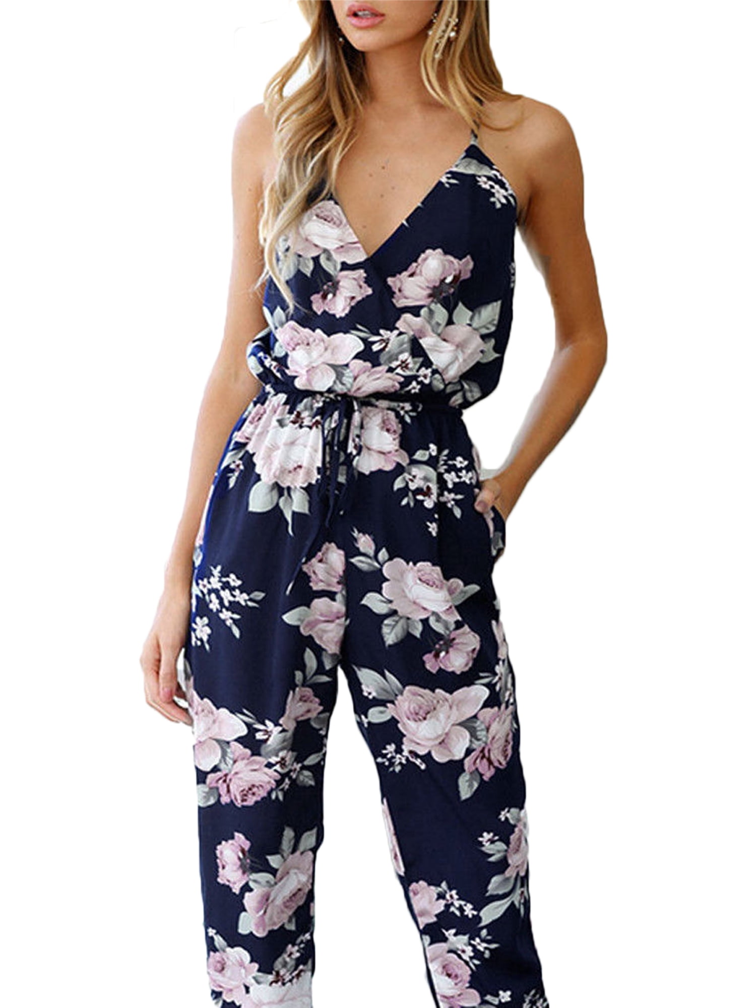 AELSON Womens Casual Spaghetti Strap Floral Print V-Neck Sleeveless Summer Beach Jumpsuits Rompers with Pockets 