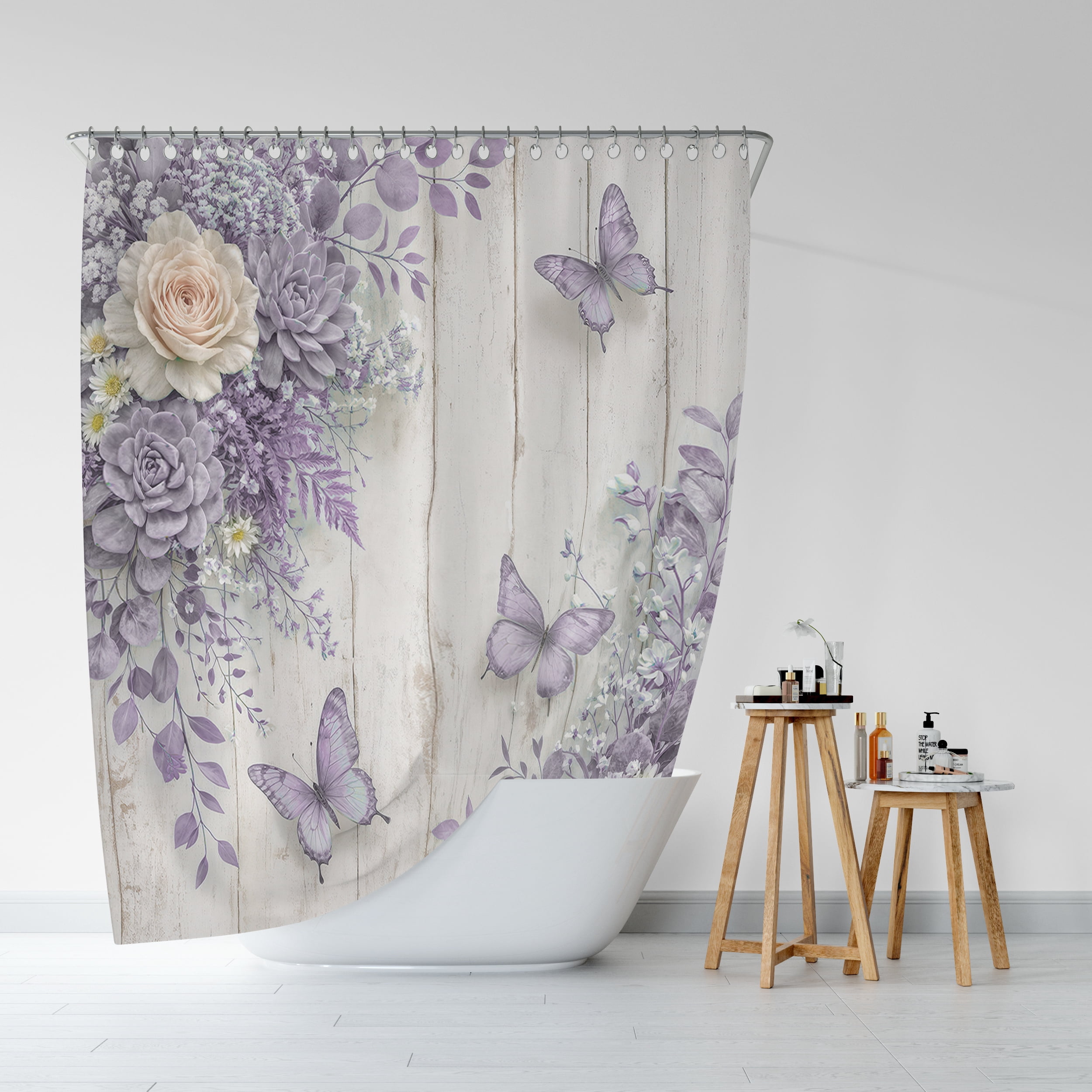 Purple Floral Shower Curtain - Farmhouse Rustic Rose Butterfly Bathroom Curtain Boho Botanical Waterproof Fabric Set with 12 Hooks,72X72in