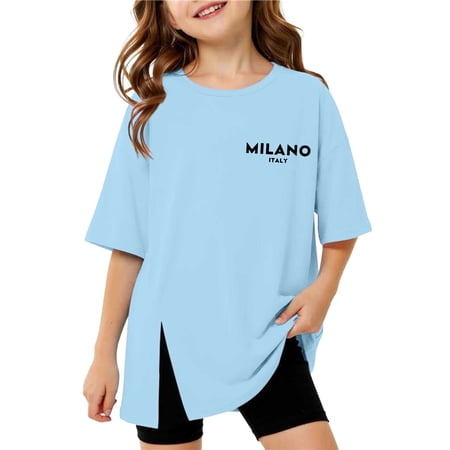 JCCXIN Toddler Girls T-Shirt Fashion Casual Split Short Sleeve Round Neck Blouse Everyday Play Funny Vacation Tops Light Blue 9-10 Years