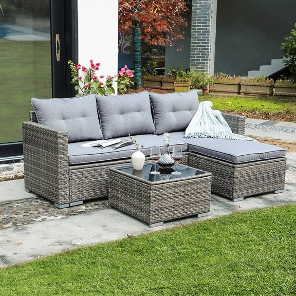 JOIVI 3 Pieces Patio Conversation Set, PE Wicker Rattan Outdoor Furniture Set, 2 Ways Small Sectional Sofa, Tempered Glass Coffee Table, Silver-Gray