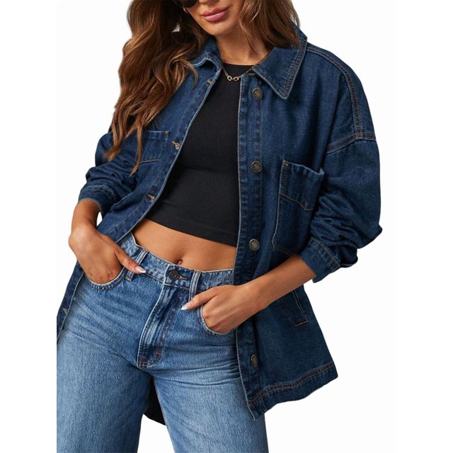 Jean Jacket for Women Distressed Long Sleeve Oversized Denim Trucker Jackets Coat Blue M