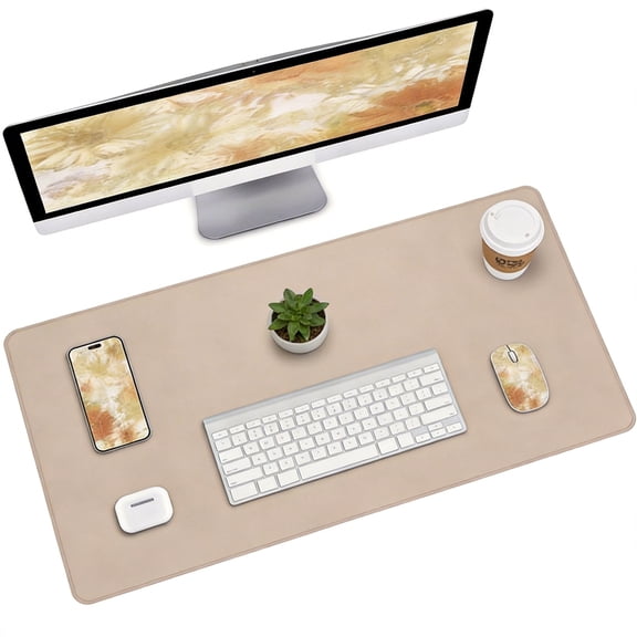 Large PU Leather Desk Pad - Non-Slip Office Desk Mat & Waterproof Blotter for Laptop, Mouse, and Writing - Beige, 31.5" x 15.7"