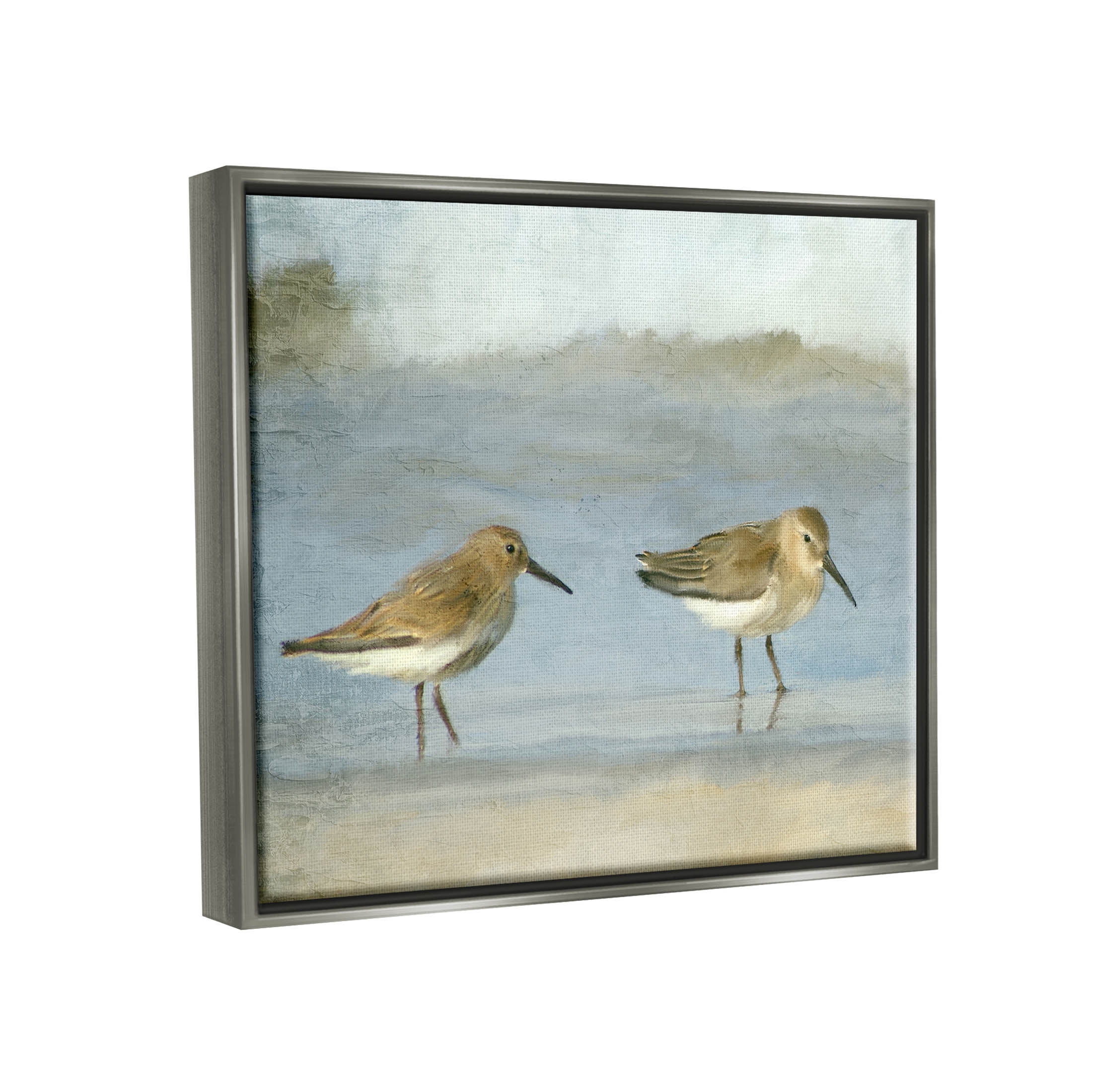 Stupell Industries Two Sandpipers Stepping Beach Shore Painting Luster Gray Floating Framed Canvas Print Wall Art, Design by Kim Allen