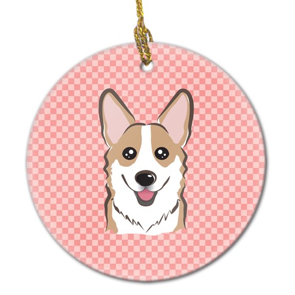 Carolines Treasures BB1253CO1 Checkerboard Pink Corgi Ceramic Ornament 3 in multicolor