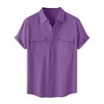thumbnail image 3 of UVEASISHA Prime Sales Mens Hawaiian Linen Shirts Big and Tall Casual Short Sleeve Button Down Shirt Solid Color Regular Fit Beach Vacation Shirts with Pockets Purple 5XL, 3 of 9