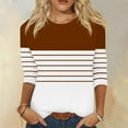 thumbnail image 2 of Olyvenn Women's Casual 3/4 Sleeve T-Shirts 2024 Fall Round Neck Cute Tunic Tops Colorblock Striped Basic Tees Loose Fit Blouse Brown 12, 2 of 5