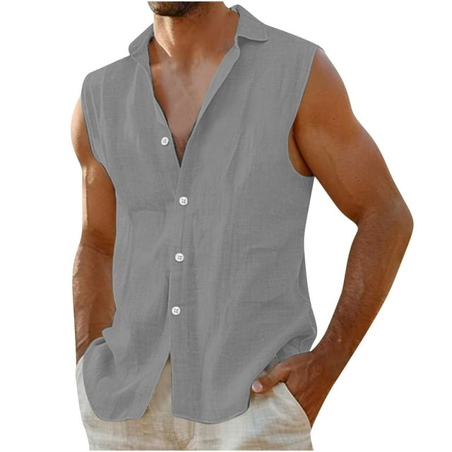 fheaev Débardeurs d'Entraînement pour Hommes en Coton Lin Boutons Cardigan Sans Manches Chemises de Musculation Chemises de Plage pour Musculation Gym Entraînement Physique Col Rabattu Tee-Shirts de Sport Vacances d'Été