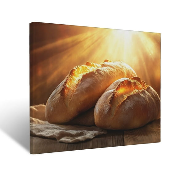 CozyNet Jesus As The Bread Of Life, Glowing Loaves On A Table Surrounded By Warm Heavenly Light Wall Art Prints With Frame Canvas Perfect for Living Room & Bedroom, Ready to Hang, Wall Decor 12"x16"