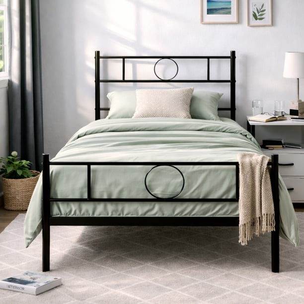 Cama Individual de Metal FurnitureR con Cabecera y Pies de Cama Negro, 99x198 cm