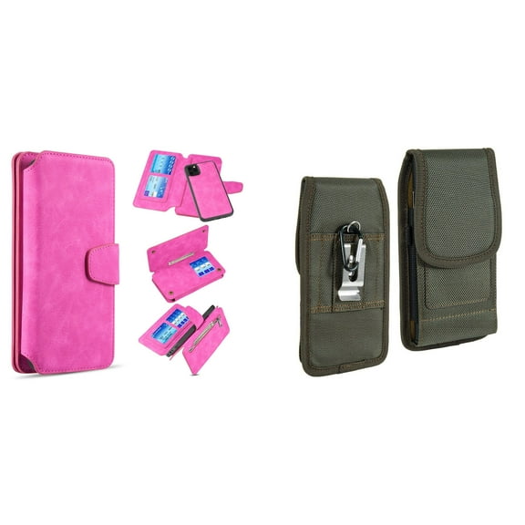 Clutch Wallet Detachable Case and Belt Holster Pouch for iPhone 14 Pro Max (Hot Pink/Green)