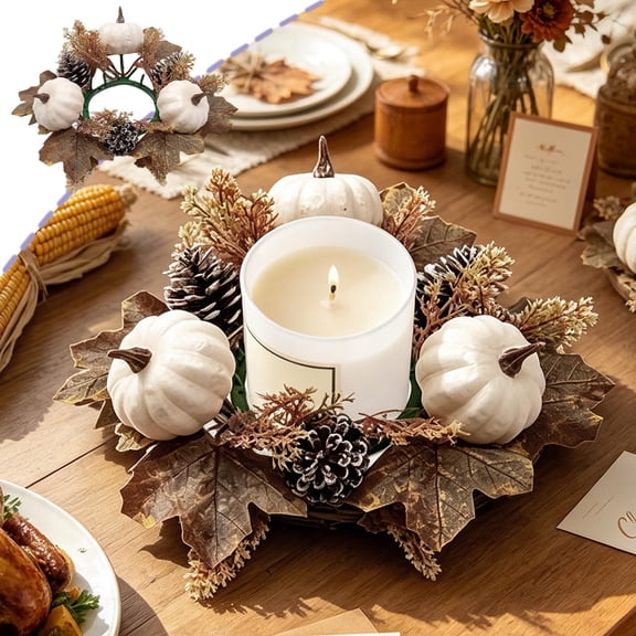 FeiFu Fall Pumpkin Candle Ring Wreath Artificial Maple Leaf Pine Cone Gourd Autumn Decor Table Centerpiece Harvest Halloween Thanksgiving Home Party Accent Guirnalda de Calabaza