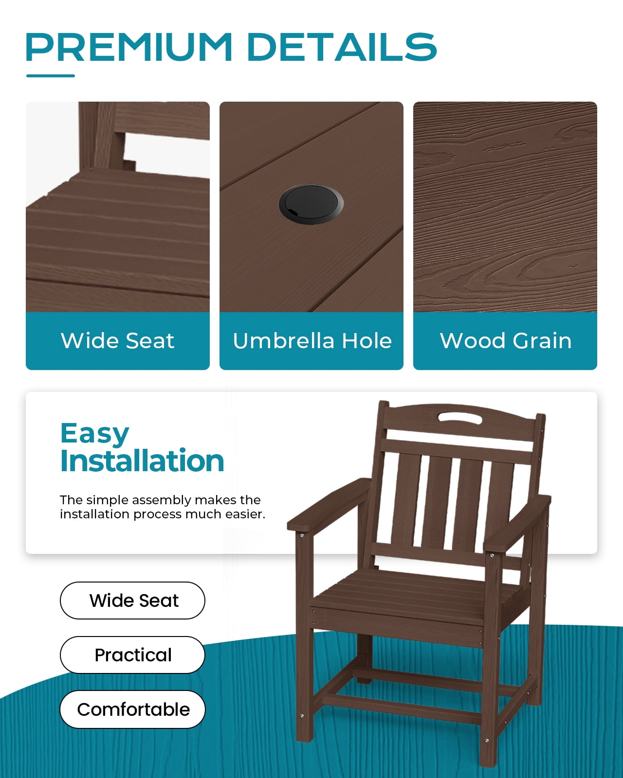 Harbweb 7pc HDPE Outdoor Dining Set, All-Weather Wood Grain Patio Furniture, Brown