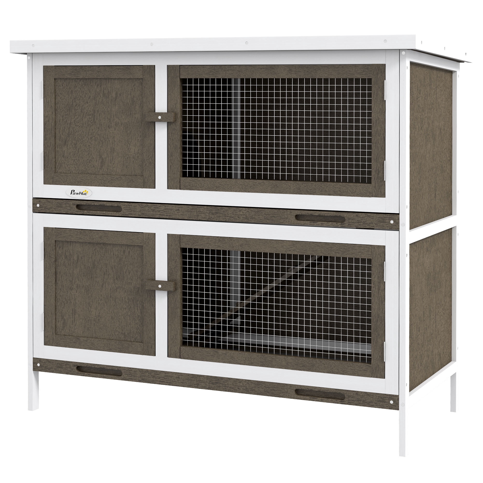Wooden Bunny Hutch with Ramp, 2-Story Rabbit Cage for Indoor & Outdoor Use, Waterproof Asphalt Roof, Brown