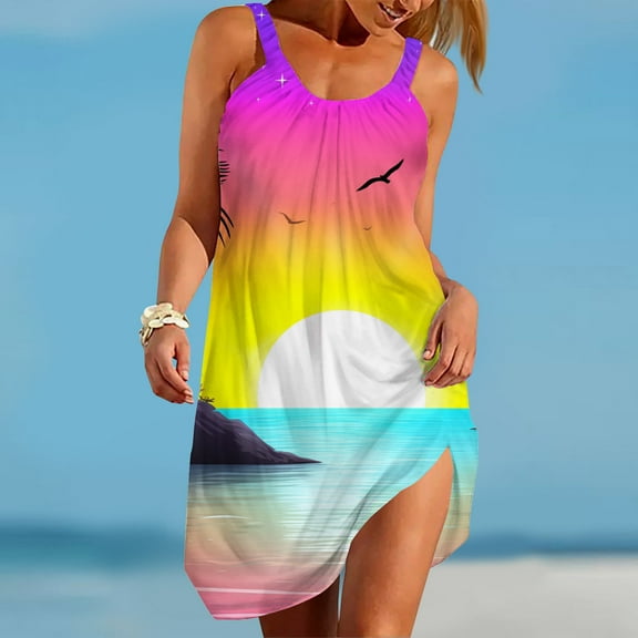 Viikei Women Plus Size Dresses Short Sleeve,Summer Dresses for Girls,Women's Summer Casual Loose Sleevless Crew Neck Dress Multicolor S