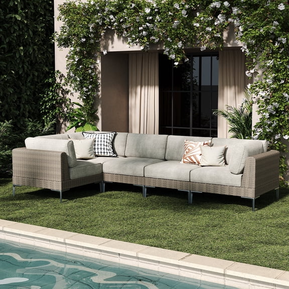 LayinSun 5-Piece Wicker Rattan Patio Furniture Set, Deep Seating Outdoor Modular Sectional Sofa Conversation Set with Thick Cushions for Lawn, Garden