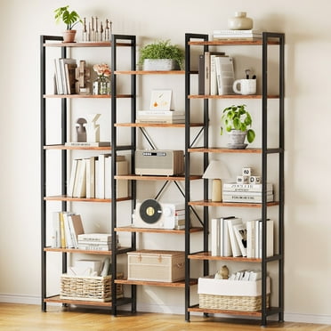 Sofanext Triple Wide 6 Tier Bookshelf, Rustic Industrial Style Bookcases with 15 Open Display Shelves, Modern Tall Bookcase Furniture for Bedroom, Living Room and Home Office, Rustic Brown