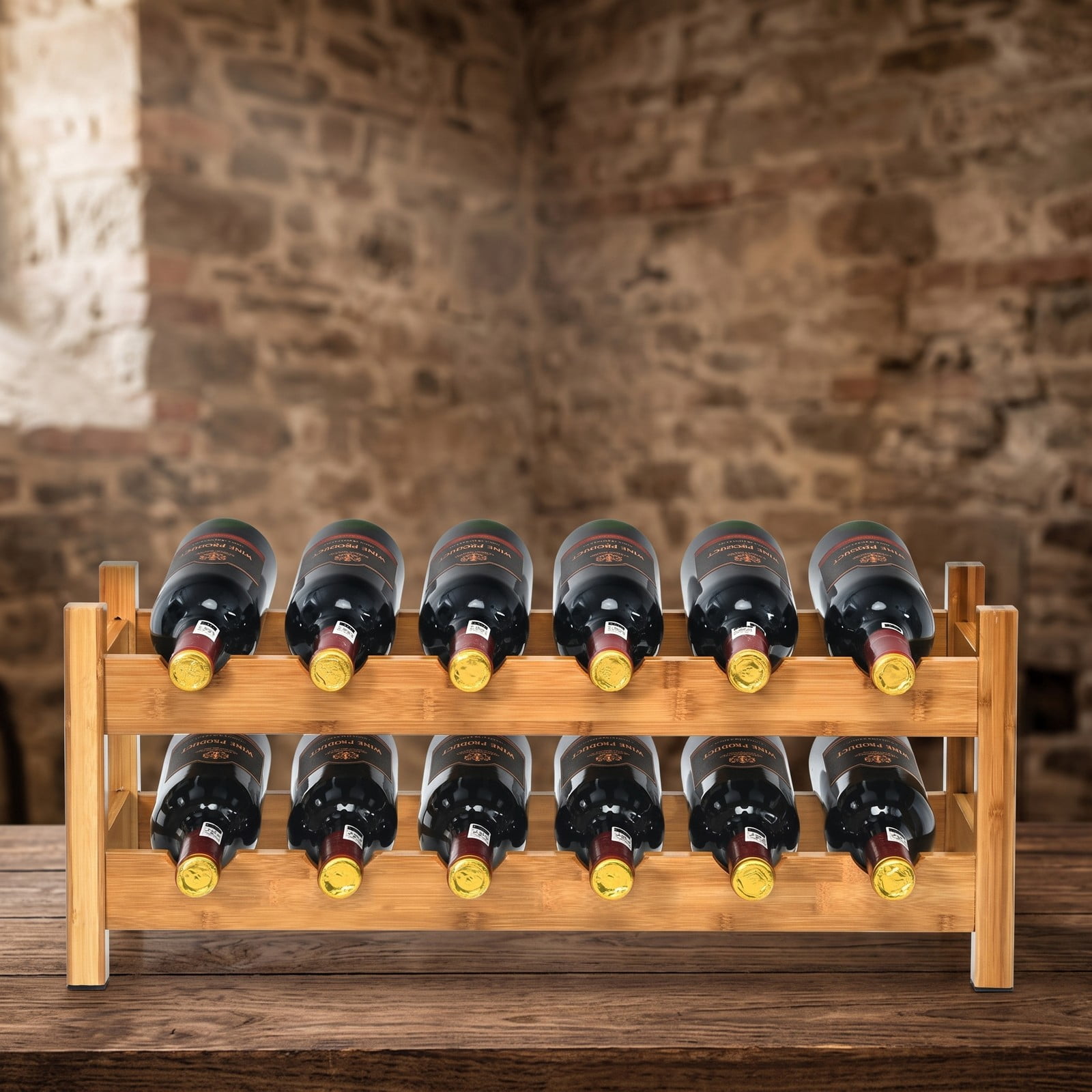 RUIE 2-Tier Bamboo Wine Rack, 12-Bottle Countertop Storage Shelf Holder for Kitchen Pantry Wine Cellar Bar, Space-Saving Freestanding Wooden Display Organizer, Natural