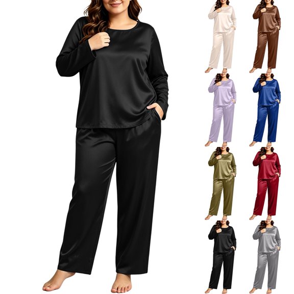 Women Plus Size Satin Pajama Set Sevevn Long Sleeve Crew Neck Top Wide Leg Pants Soft Sleep Loungewear For Daily Home Use