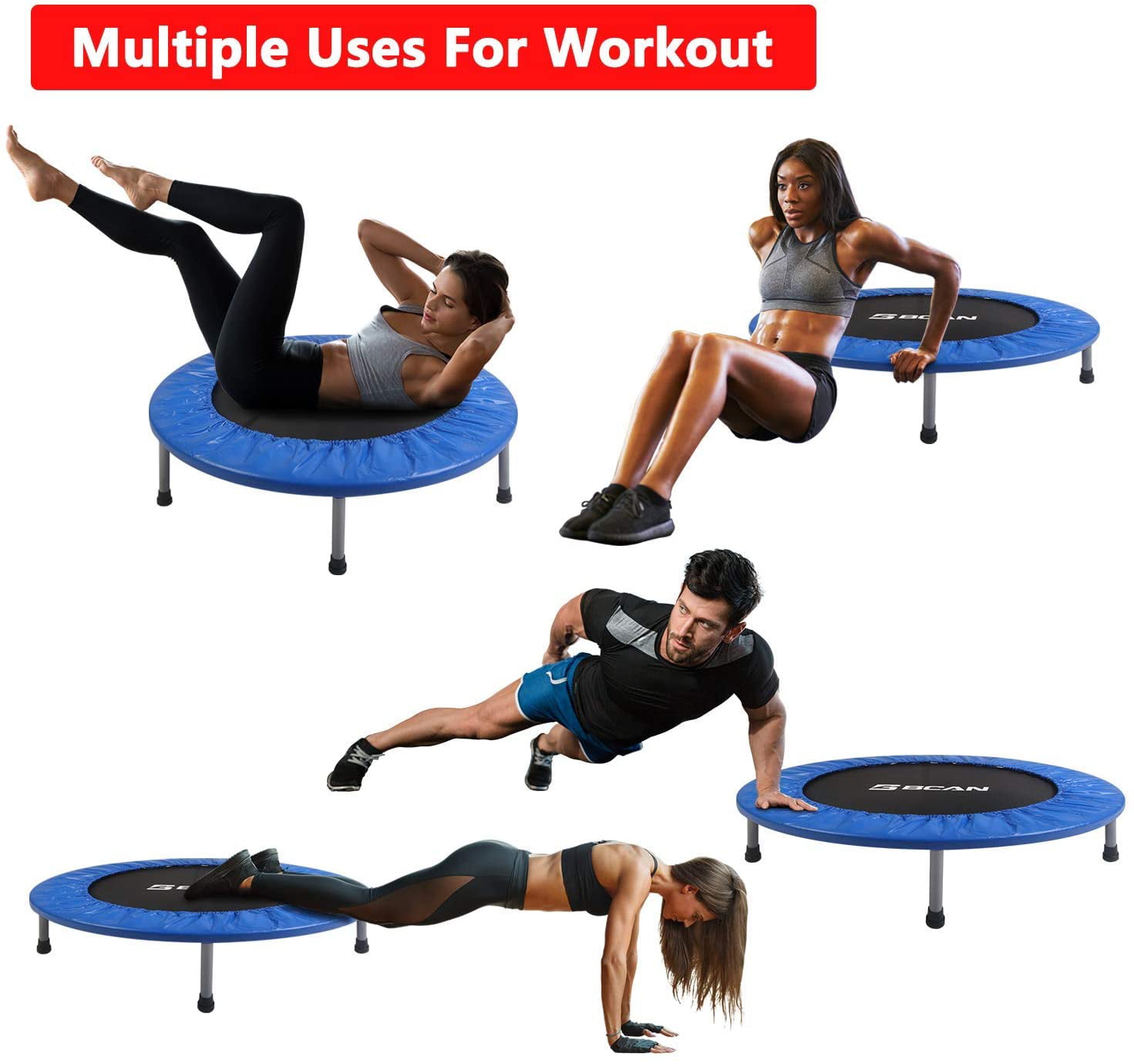 Stable & Quiet Exercise Rebounder for Kids Adults Indoor/Garden Workout Max 300lbs BCAN 38 Foldable Mini Trampoline Fitness Trampoline with Safety Pad 