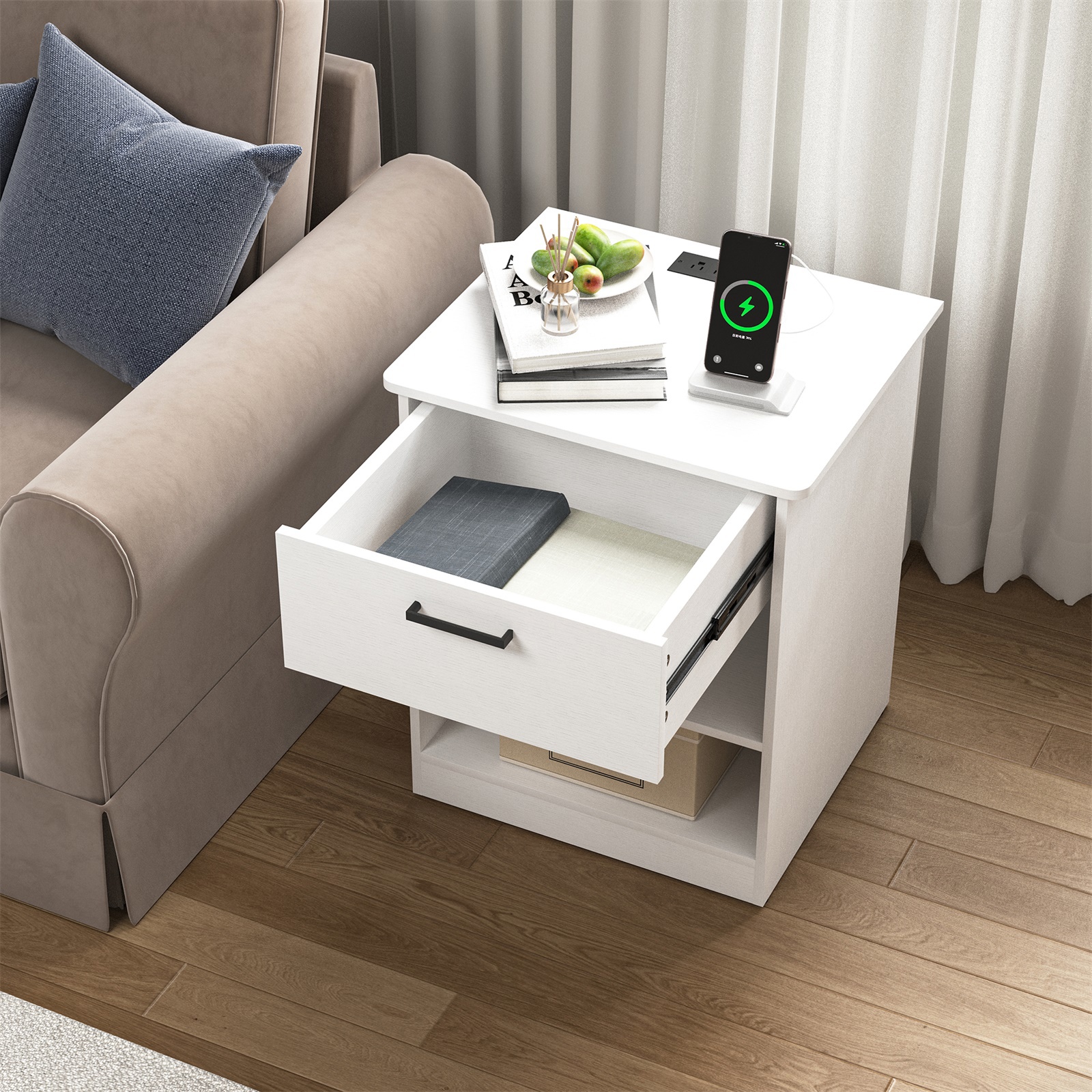 Hommoo Modern Nightstand with Charging Station, End Side Table Bedside Table with Drawer and Open Storage, White