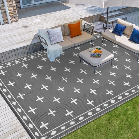 9x18 Grey Geometric Woven Waterproof Outdoor Patio Rug