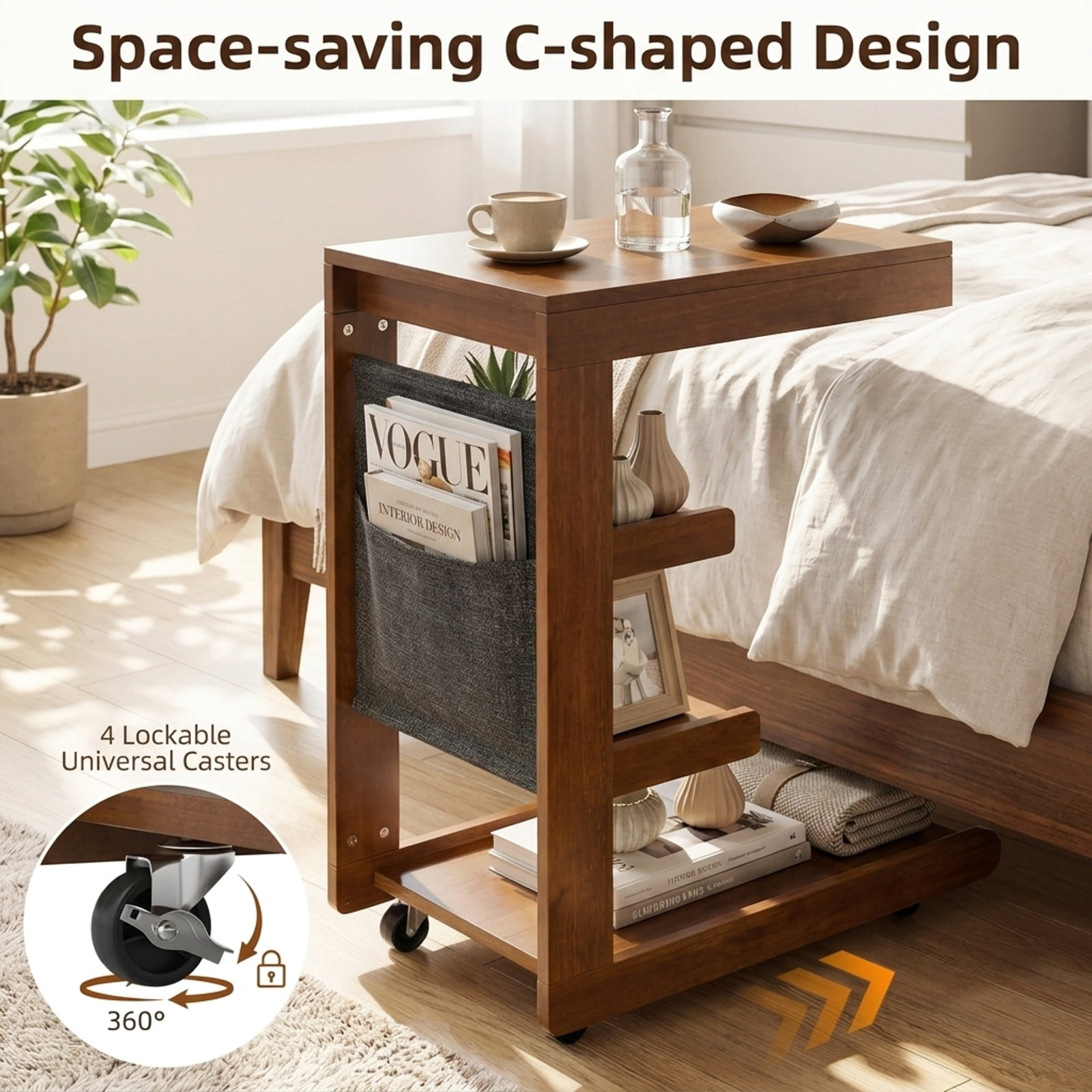 Furnibear Rolling C-Shaped End Table With Adjustable Desktop and Wheels, Mobile Sofa Side Desk With Storage Shelves for Couch Bedside, Brown