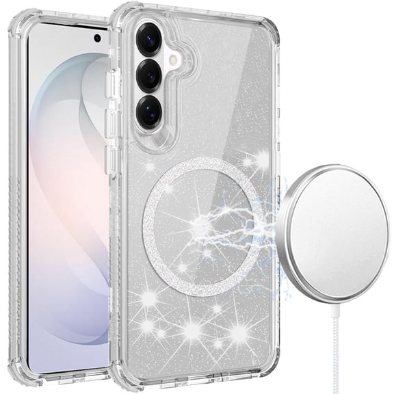 For Samsung s26 Magnetic Ring Glitter 3in1 Hybrid Case Cover - Clear