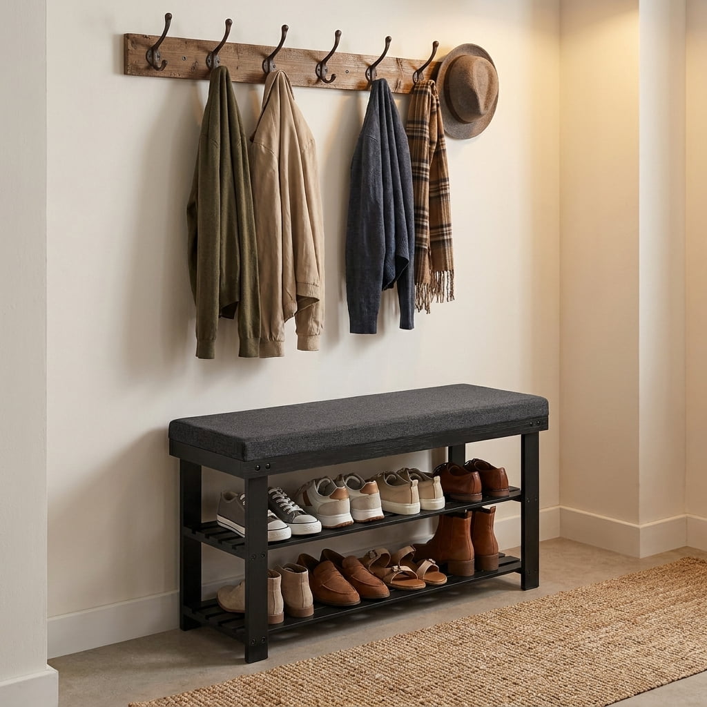 LEDREM Shoe Bench with Cushion, 3-Tier Sturdy Entryway Shoe Rack Organizer, Black and Gray