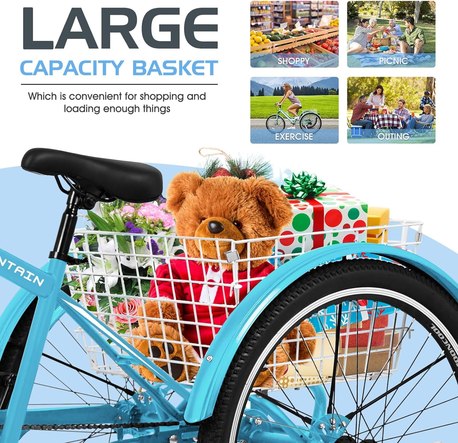 Lilypelle Mountain Tricycle for Adults, MTB 7 Speed Three Wheel Bike, 24/26/27.5 Inch Adults Trikes w/ Disc Brake & Cargo Basket for Women, Men, Seniors