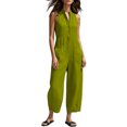 thumbnail image 6 of Women Sleeveless V Neck Button Front Linen Cotton Jumpsuit, Side Pockets Loose Cropped Jogger Long Jumpsuit Army Green L(L), 6 of 6