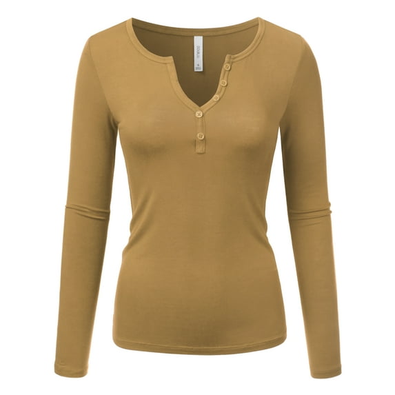 Doublju Women's Long Sleeve Basic Henley Deep V-Neck Button Placket T-Shirt