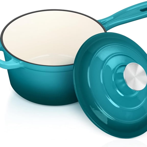 Enameled Cast Iron Sauce Pan with Lid,  2 Quart Saucepan with Lid, Enamel Cast Iron Pot Dutch Oven Kitchen Cookware for All Cooktops Cooking Soup, Milk - Up to 500°F & 6.7Lbs, Lake Green