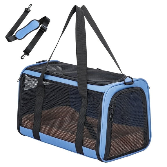 PETSFIT Airline Approved Pet Carrier, Upgraded Patented Car Buckle Soft Sided Cat Carrier, 4-Side Ventilation,Blue,15 lb Limit